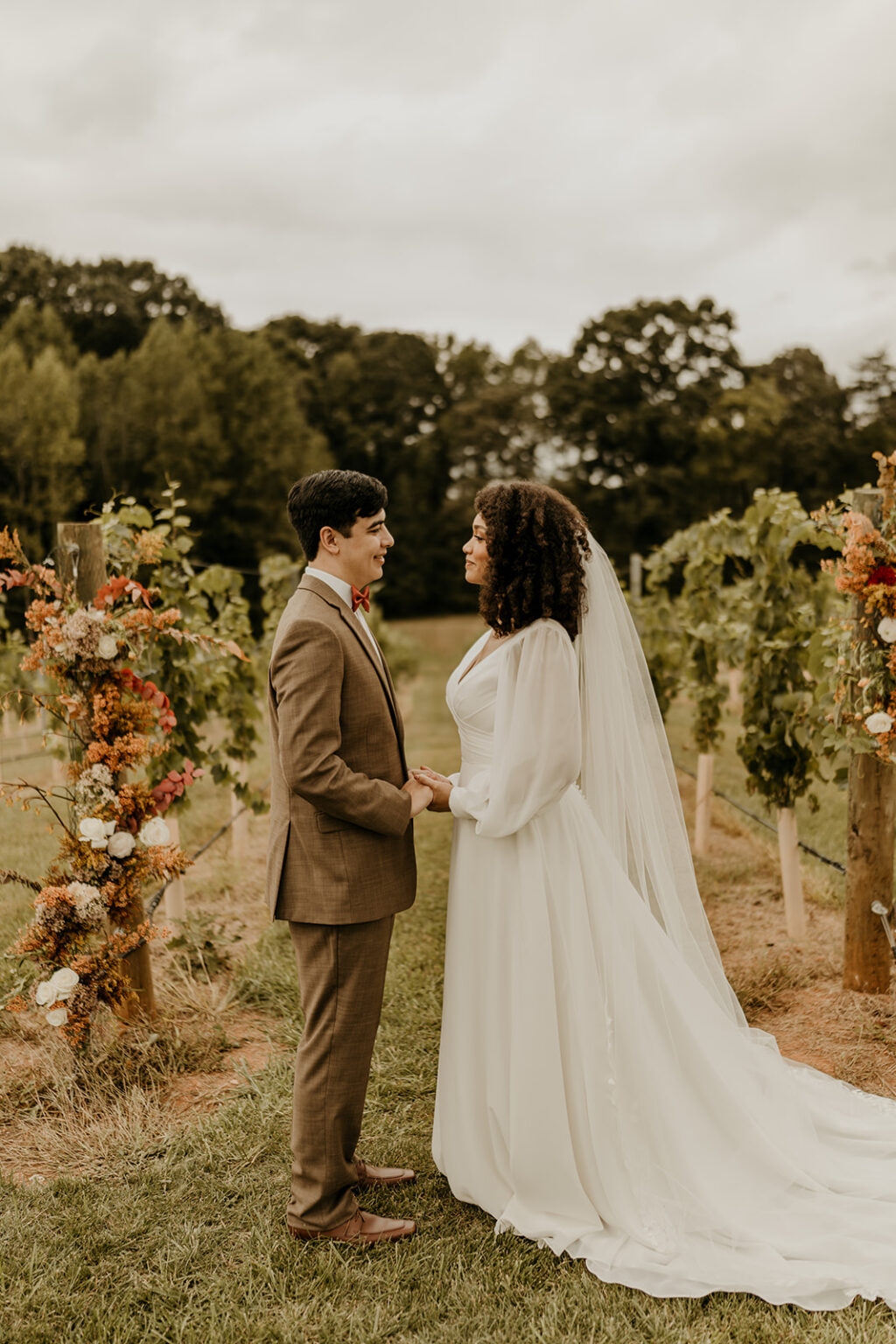 A man and woman holding hands in front of a vineyard.