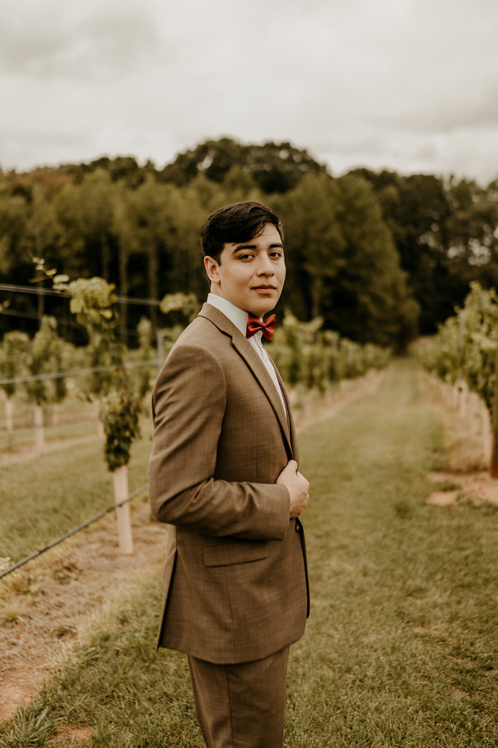 A man in a suit and bow tie standing on the grass.