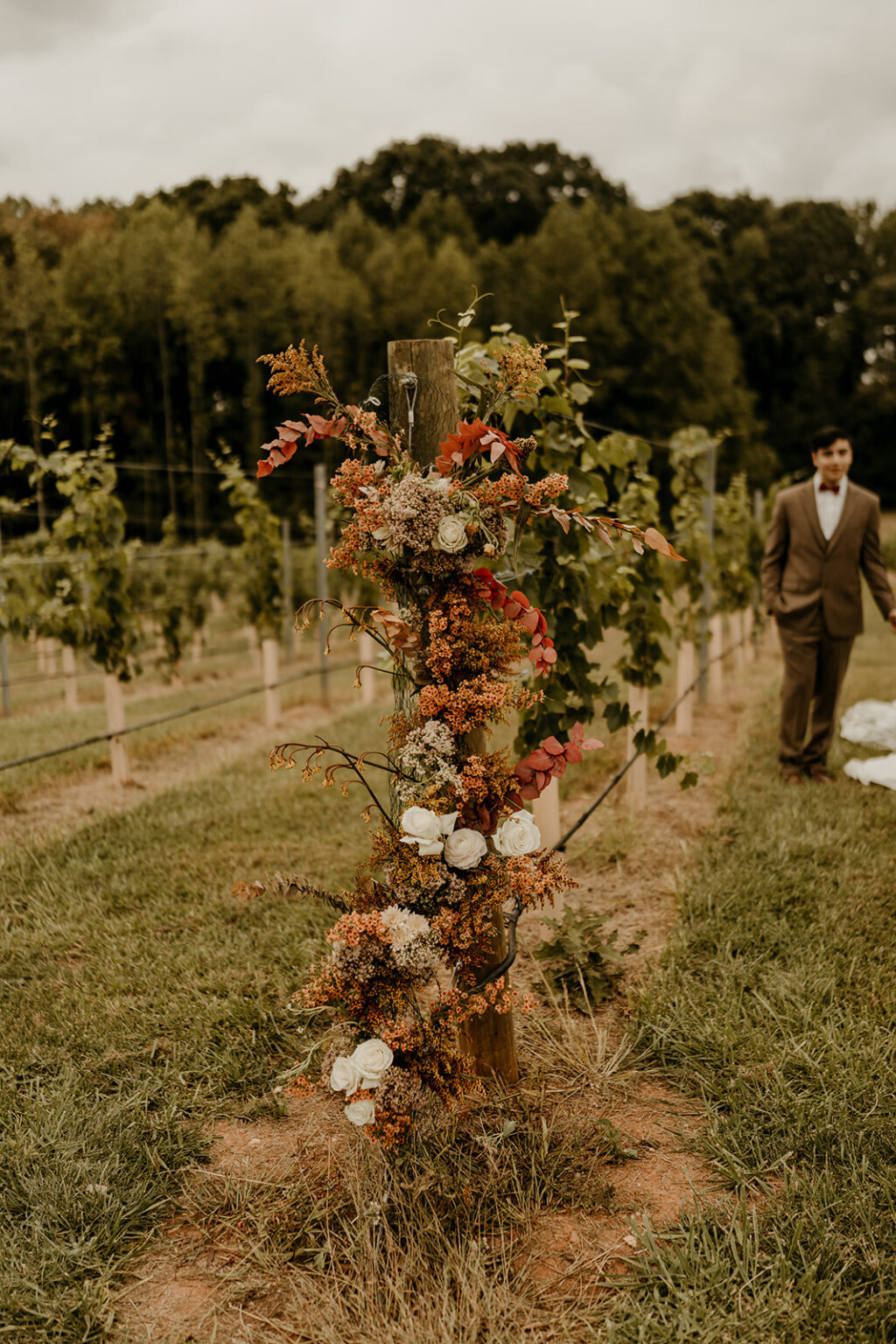 A man in a suit and tie standing next to a tree.