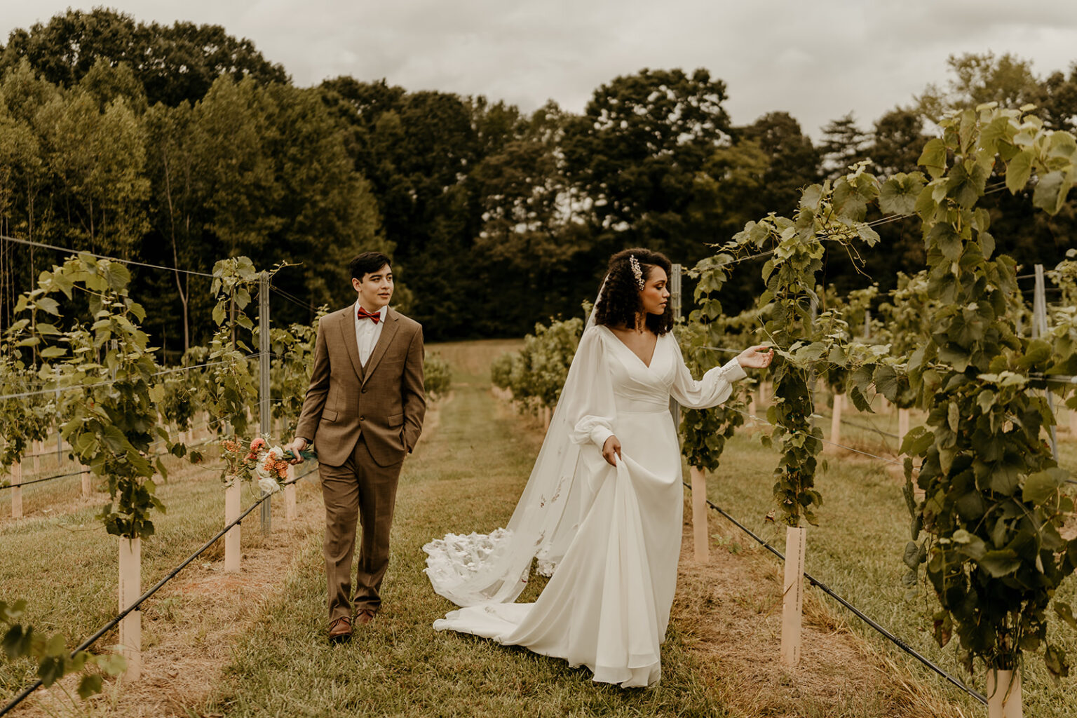 A man and woman in wedding attire walking through the vineyard.