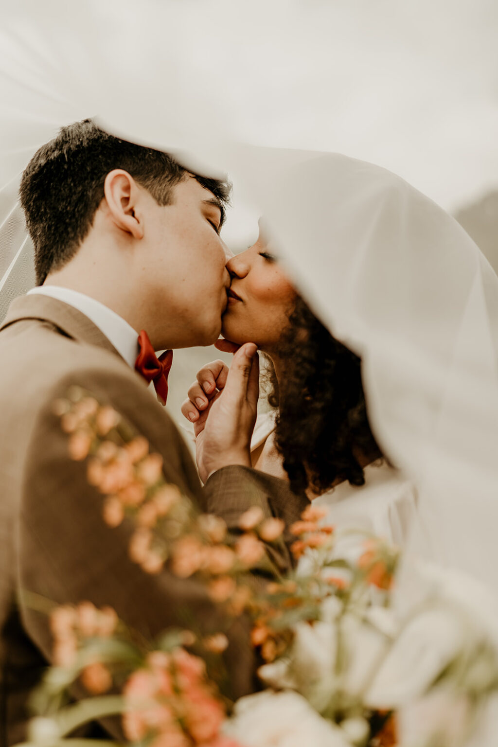 A man and woman kissing under the veil.